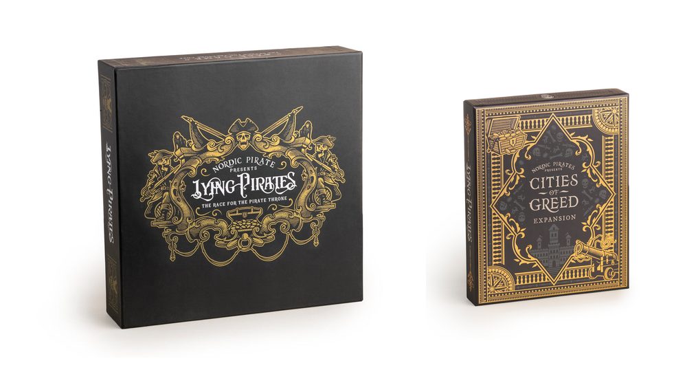 The Lying Pirates base game box and the Cities of Greed expansion box